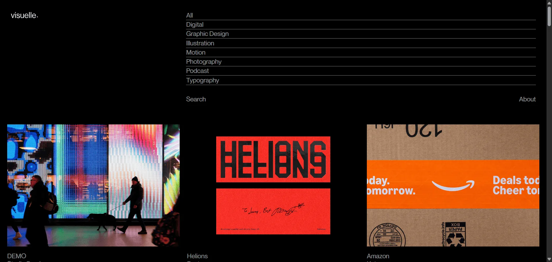 Transform creative portfolio presentation without showcase barriers through Visuelle's comprehensive design platform. Built for graphic designers and creative studios, this curated gallery combines global project showcases with professional portfolio presentation so you can display creative work instantly, while organized client categorization and studio attribution enable seamless creative exploration without complex navigation systems. From major brand collaborations like Roblox and Amazon to emerging studio partnerships, each project demonstrates high-quality creative output through carefully curated design work spanning branding, digital design, and visual identity projects. This runs on a platform featuring internationally recognized studios including Pentagram, Koto, and Studio Dumbar alongside emerging creative talent, ensuring every portfolio entry ships with professional credibility, looks authentically curated through selective project inclusion, and scales effortlessly across design disciplines requiring immediate creative inspiration and industry-standard portfolio presentation for graphic design professionals worldwide