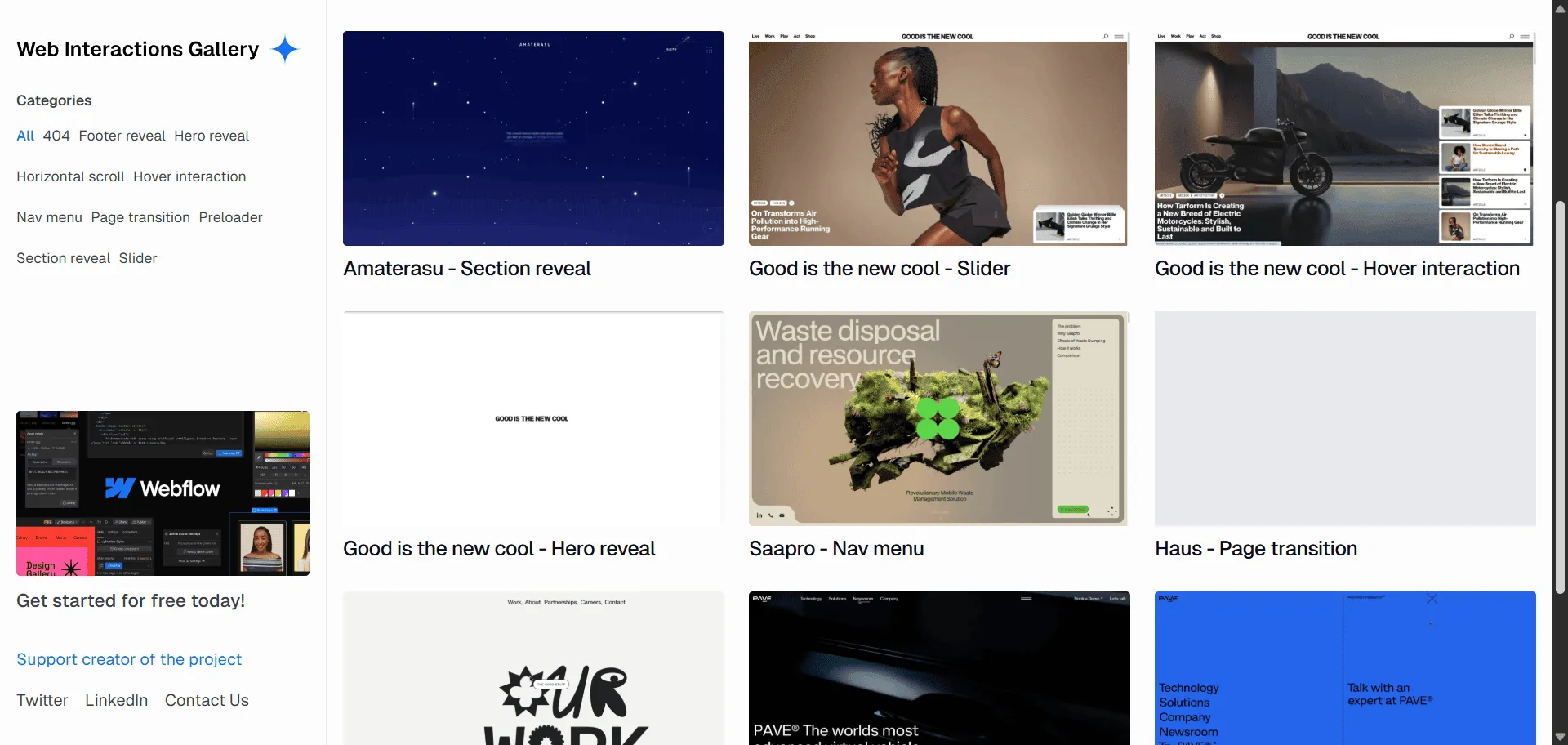 Stop letting your brilliant designs get lost in the graveyard of boring, lifeless websites that users scroll past without a second glance with web animation inspiration Web Interactions Gallery. Built for visionary designers and developers who know that exceptional interactions are what separate industry leaders from digital wallflowers, this meticulously curated platform combines stunning examples of micro-interactions, scroll-triggered animations, and page transitions that actually make users stop and stare so you can steal proven engagement techniques from brands that understand how motion creates emotional connection, while organized collections of hover effects, loading sequences, and navigation animations enable instant creative breakthroughs without wasting hours hunting through mediocre CodePen demos. This runs on a platform showcasing interactions from companies like Amaterasu and Pave that prove motion design isn't decoration—it's conversion strategy, ensuring every project transforms passive visitors into active participants who remember your brand, share your content, and become loyal customers who can't wait to return.