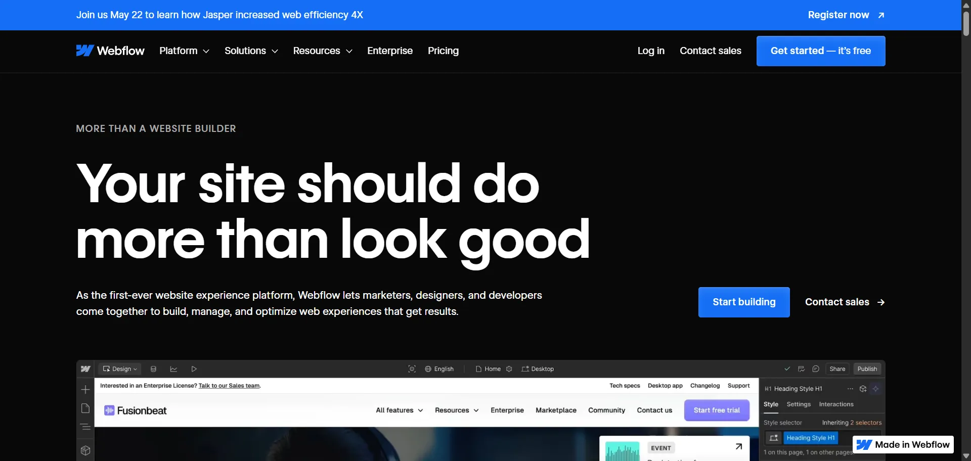 Building a fully custom, professional website without writing code—but still controlling every design detail—is what Webflow enables. It’s a visual design platform that combines design, development, and content management into one smooth workflow. Unlike typical site builders, it delivers pixel-perfect designs with clean, production-ready code.
With a built-in CMS, e-commerce, and hosting, it lets designers, marketers, and founders launch fast without relying heavily on developers. Webflow is the smart choice for those who want creative freedom, speed, and scalability—all in one platform.