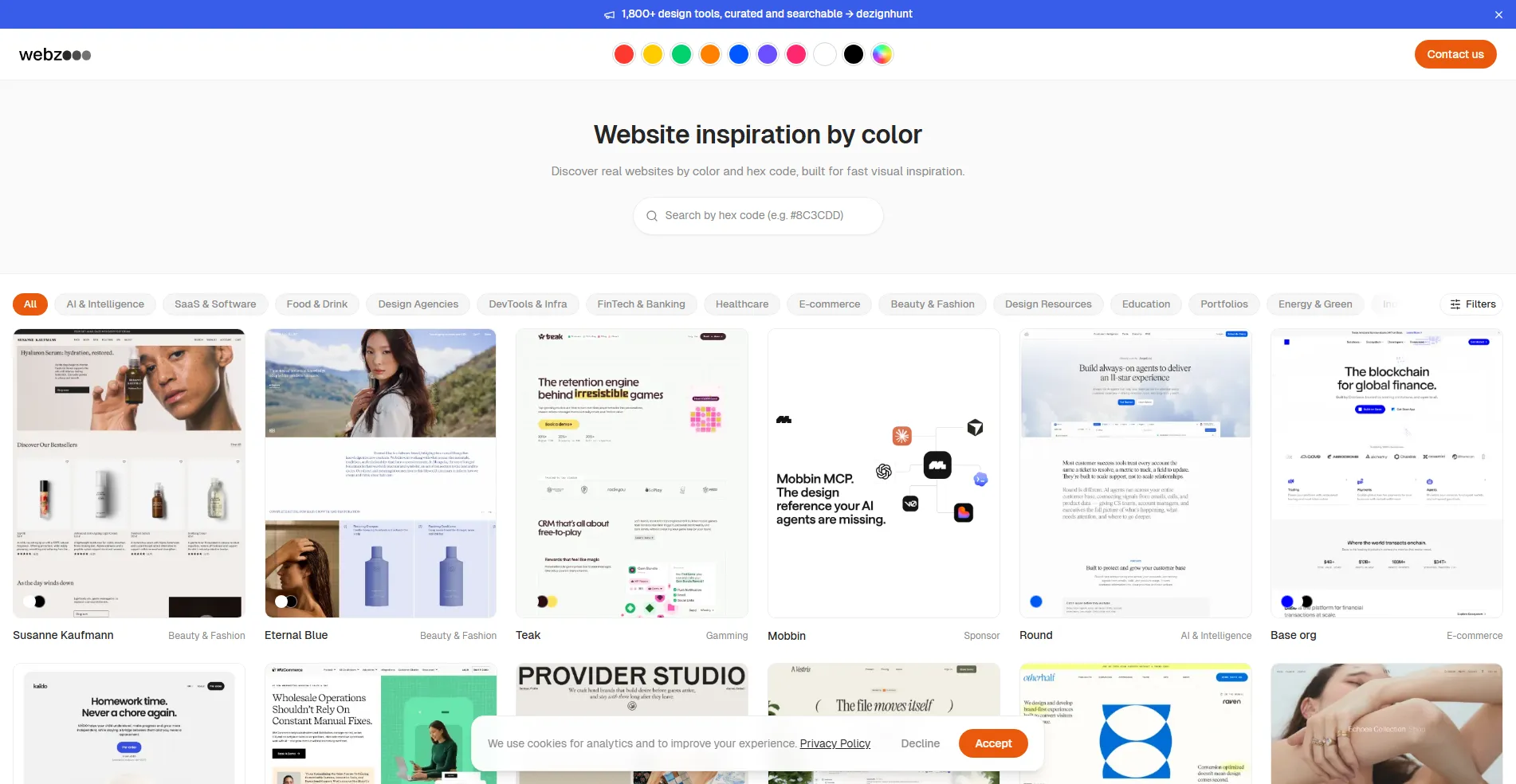 Webzooo is a design tools directory for browsing real website inspiration by color and palette. You use it to find UI references fast, search by exact hex code, and filter across 33 industries, from SaaS and fintech to AI, e-commerce, and portfolios. Each listing shows the dominant color, full palette with hex codes, typography, and a full-page screenshot, so you can compare layouts without opening dozens of tabs. It is free to explore and works for designers, developers, and creative teams who need live examples instead of abstract mood boards. You can move from a color idea to a specific site, then review the fonts and visual direction before you build.