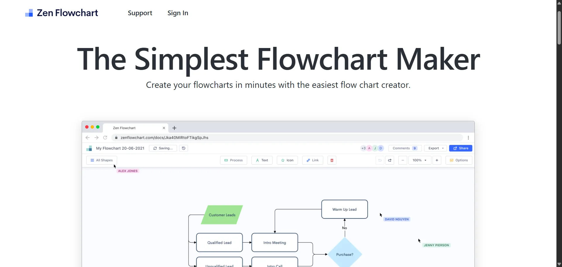 Online software to create flowcharts and diagrams with minimal and intuitive interface. It also provides information and tips on flowcharts.